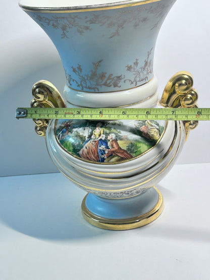 Vintage Abingdon Pottery USA Gold & Powder Blue Urn Vase - Fragonard Courting Couple
(#563)