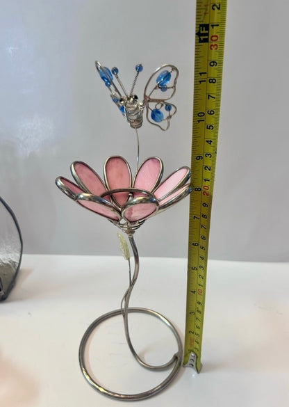 Vintage Stained Glass Candle Holder Lot (Set of 4) - Pink Flower with Blue Butterfly, Angel, Fairy Garden & Jeweled Votive Cup