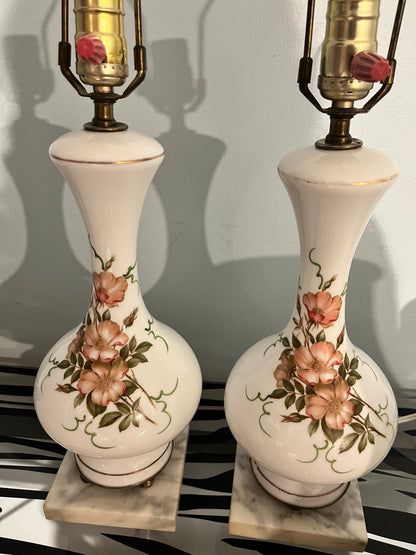 Mid - Century Italians Hand-Painted Milk Glass Lamps – Glossy Finish with Genuine Carrara Marble Base