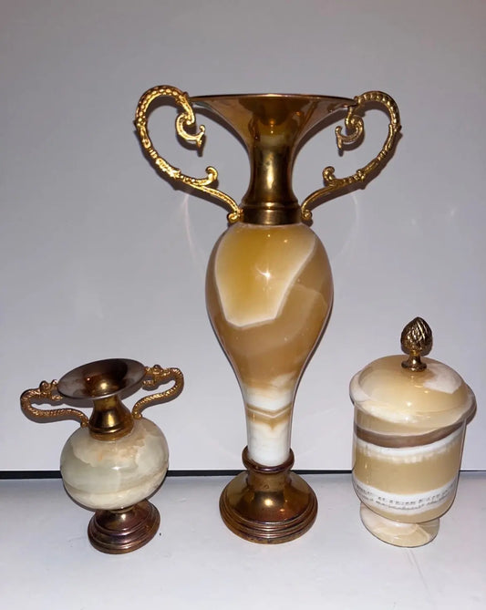 Onyx Marble Stone Brass Amphora Vases & Trinket 