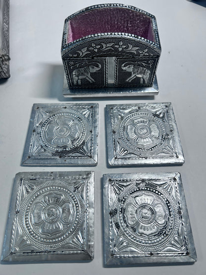 Vintage 4-Piece Handcrafted Embossed Silver Vanity & Jewelry Box Set w/ Coasters