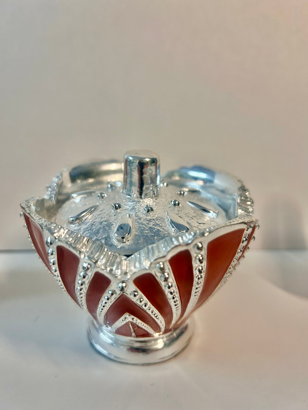 Vintage 3-Piece Red Enamel & Silver-Tone Shell Vanity Set - Perfume Sprinkler, Powder Jar & Dabber Bottle