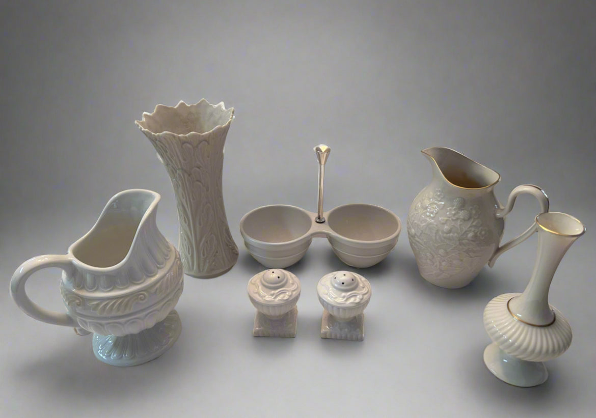 Vintage LENOX 7-Piece Ivory/White Embossed Porcelain Set | Pitcher, Vases, Cruet, Salt & Pepper