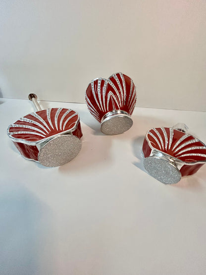 Vintage 3-Piece Red Enamel & Silver-Tone Shell Vanity Set - Perfume Sprinkler, Powder Jar & Dabber Bottle