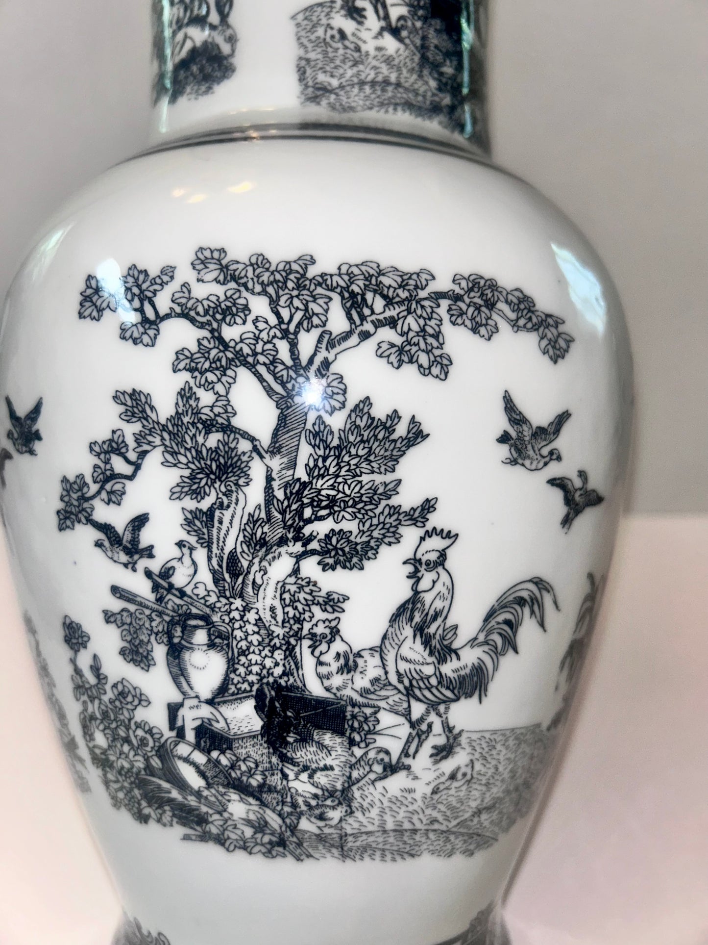 Vintage Black and White Porcelain Chinoiserie Vase - Rooster, Hen, & Rabbit Motif (14”)