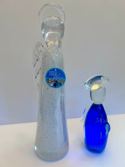 Hand-Blown Art Glass Angel
Figurines - Clear Speckled & Cobalt Blue Set