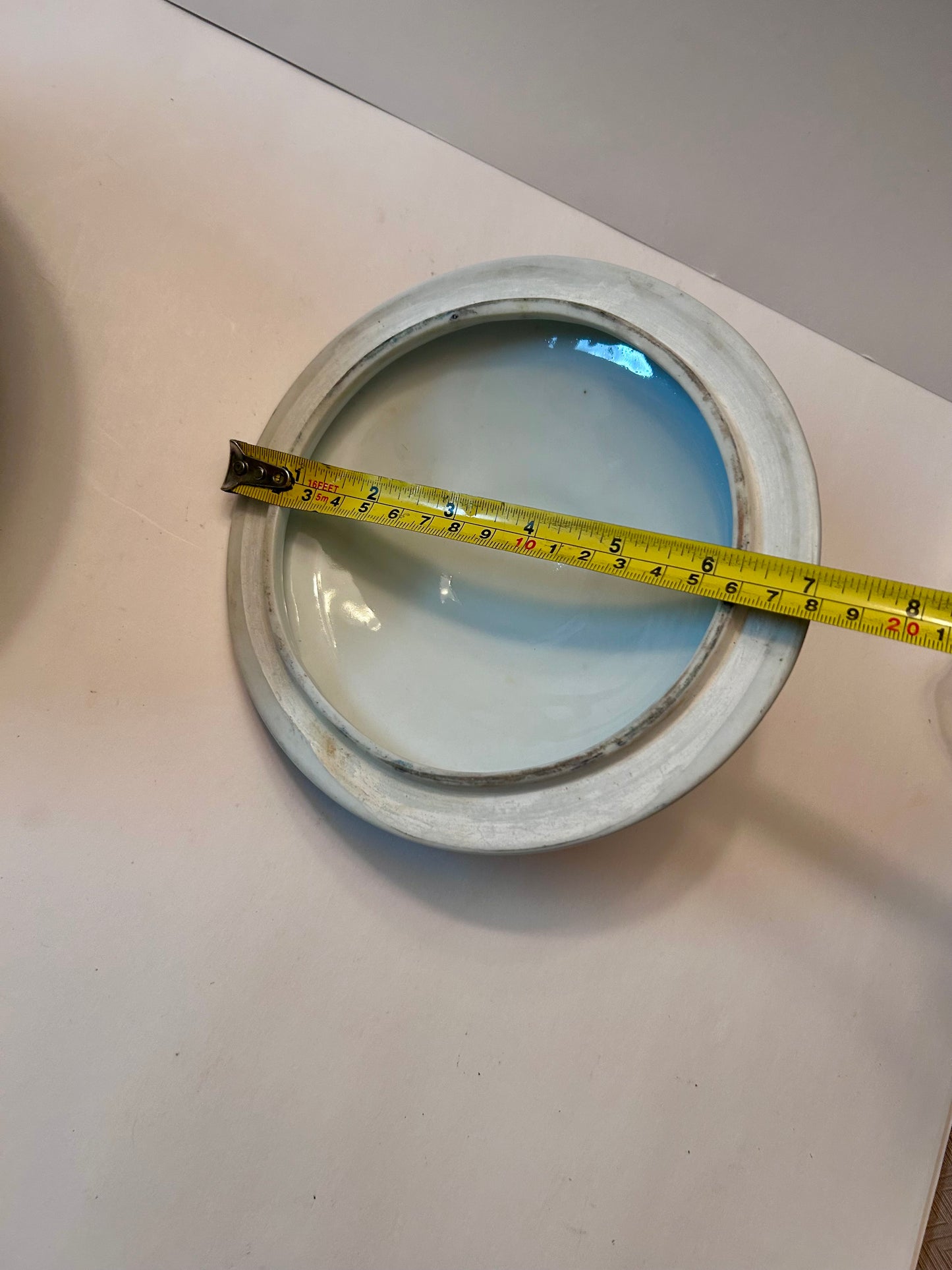 Antique Chinese Famille Rose (8”)Porcelain Covered Bowl with Foo Dog Finial