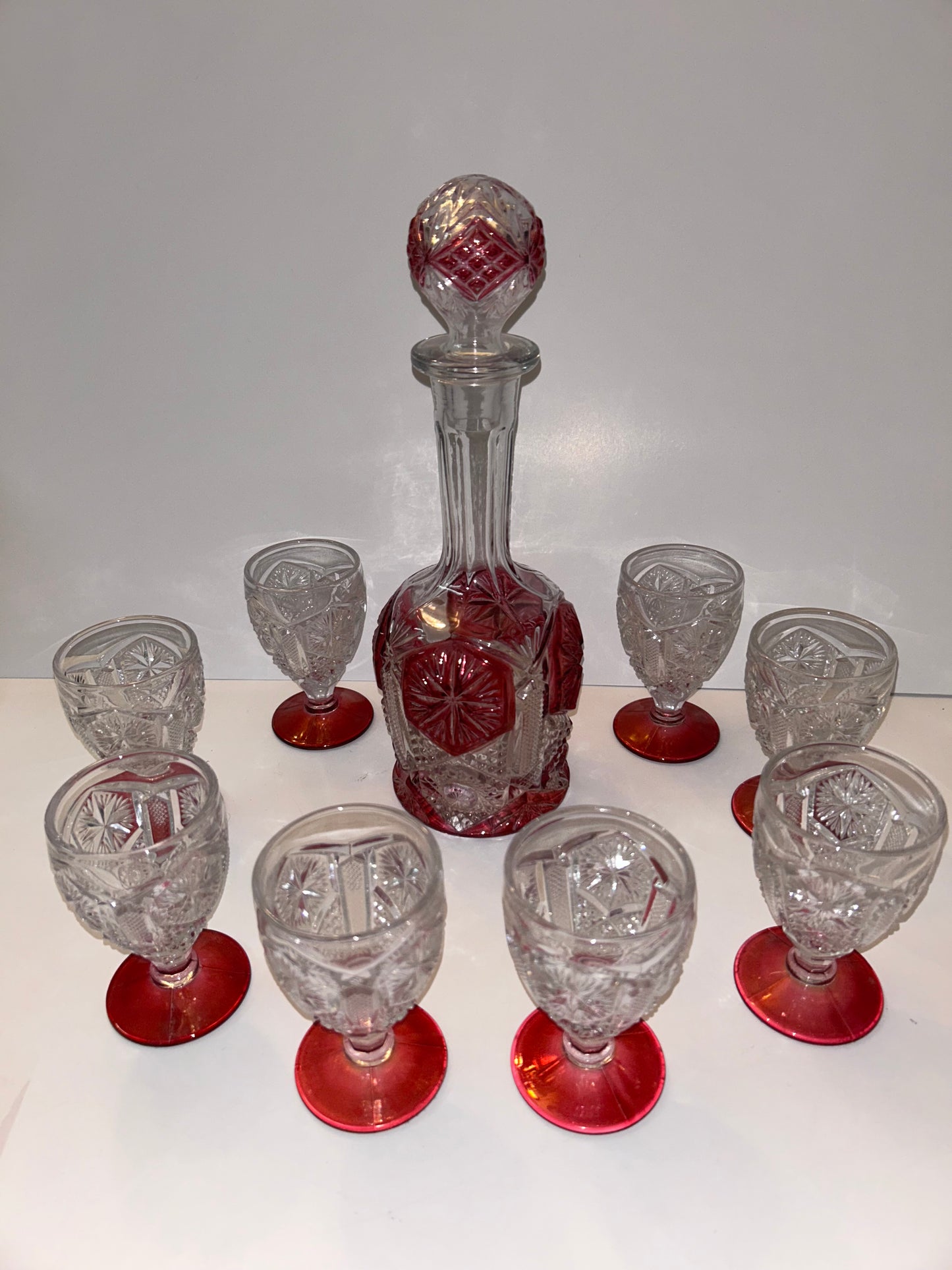 9-Pc Hollywood Regency Ruby Cut-to-Clear Decanter & Ormolu Mirrored Tray Set