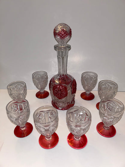 9-Pc Hollywood Regency Ruby Cut-to-Clear Decanter & Ormolu Mirrored Tray Set