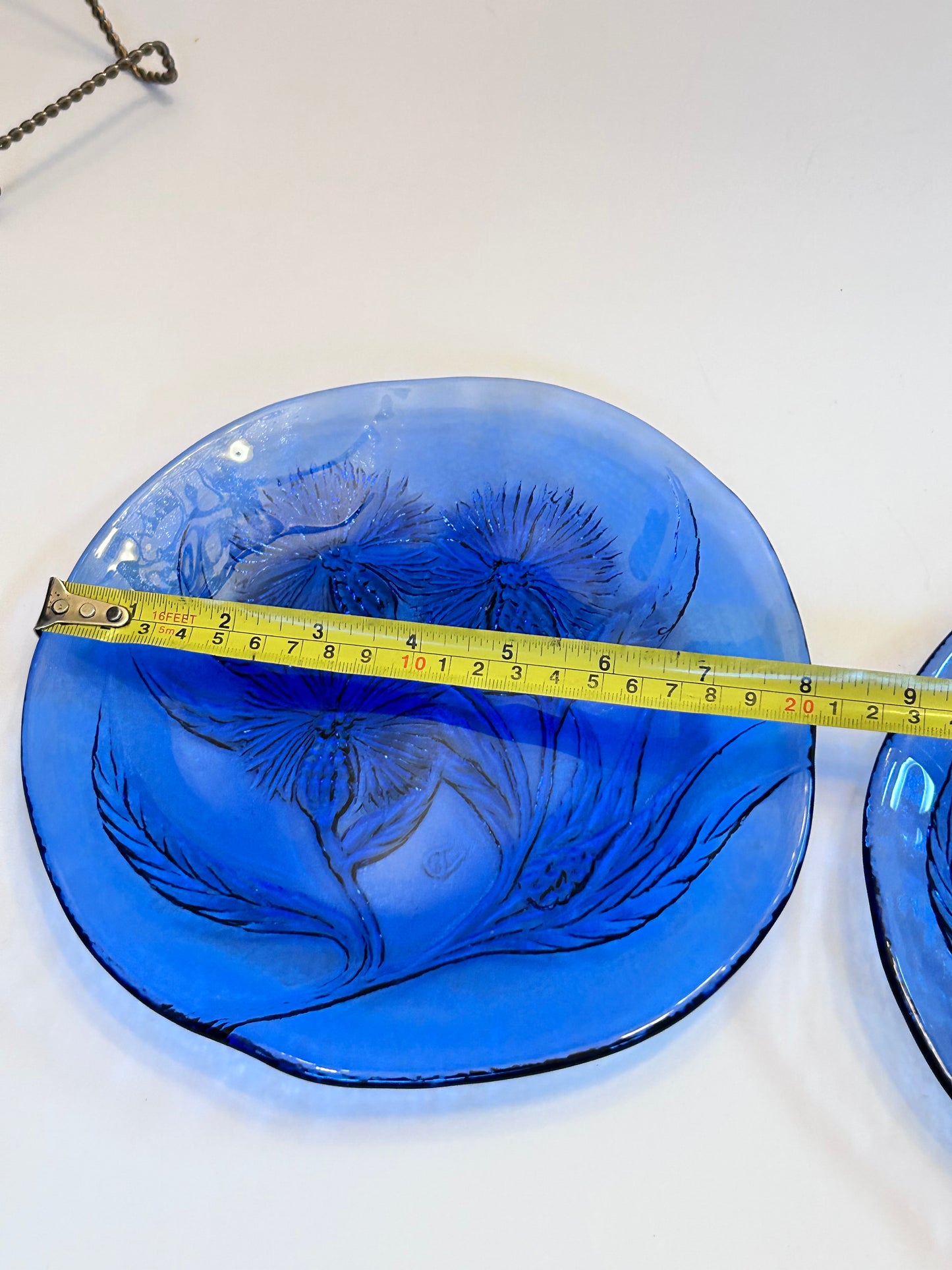 Pair of Hand Crafted Art Glass Cobalt Thistle Motif Plates/- Signed "TD" (8.5”)