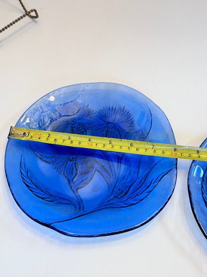 Pair of Hand Crafted Art Glass Cobalt Thistle Motif Plates/- Signed "TD" (8.5”)