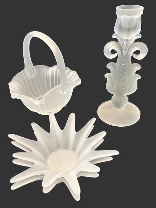 Vintage EAPG SATIN FROSTED Glass LOT |Moon & Star Compote/Candy Dish, Tall Candle Holder, Basket | Milk Glass