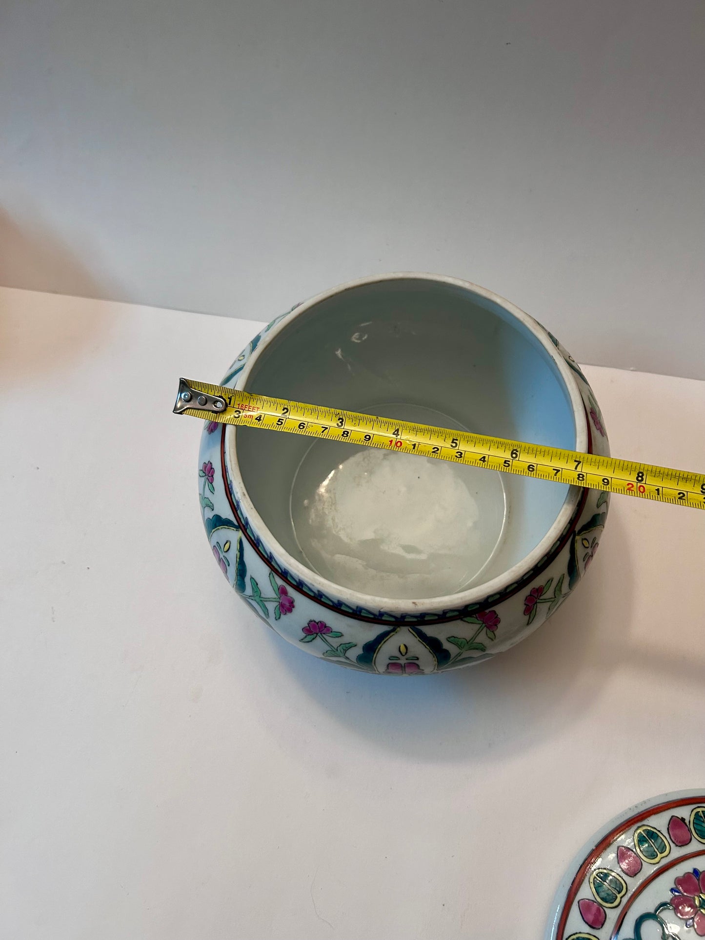 Antique Chinese Famille Rose (8”)Porcelain Covered Bowl with Foo Dog Finial