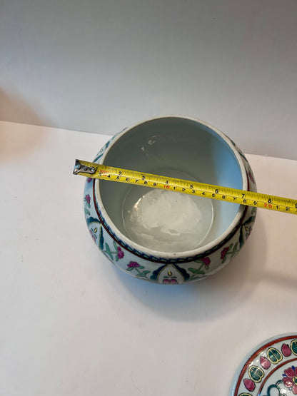 Antique Chinese Famille Rose (8”)Porcelain Covered Bowl with Foo Dog Finial