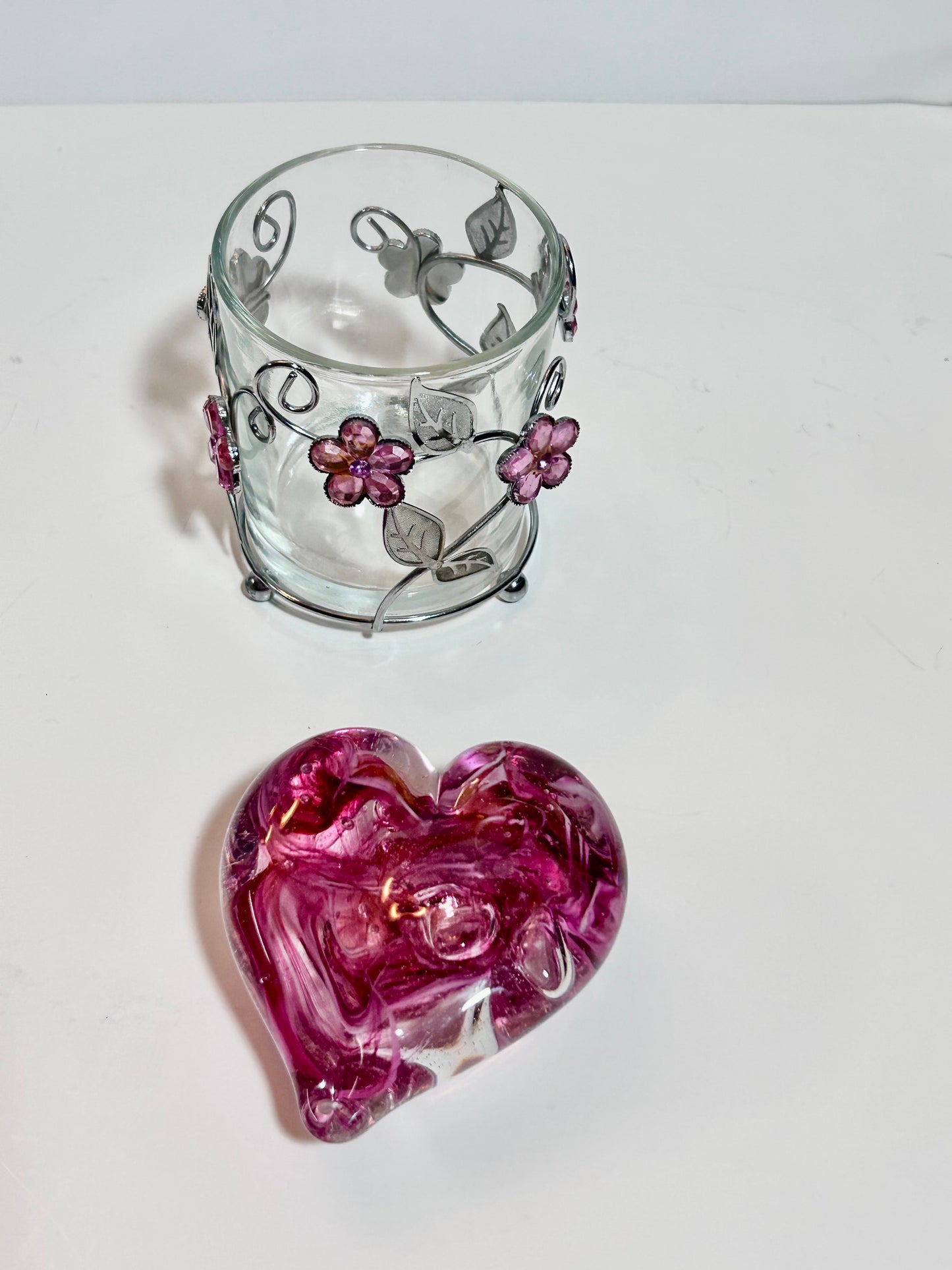 Vintage Signed Pink Swirl Glass HeartPaperweight & Floral Gem Votive