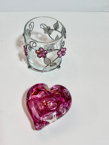Vintage Signed Pink Swirl Glass HeartPaperweight & Floral Gem Votive