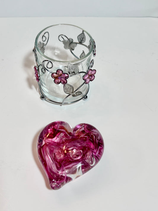 Vintage Signed Pink Swirl Glass HeartPaperweight & Floral Gem Votive