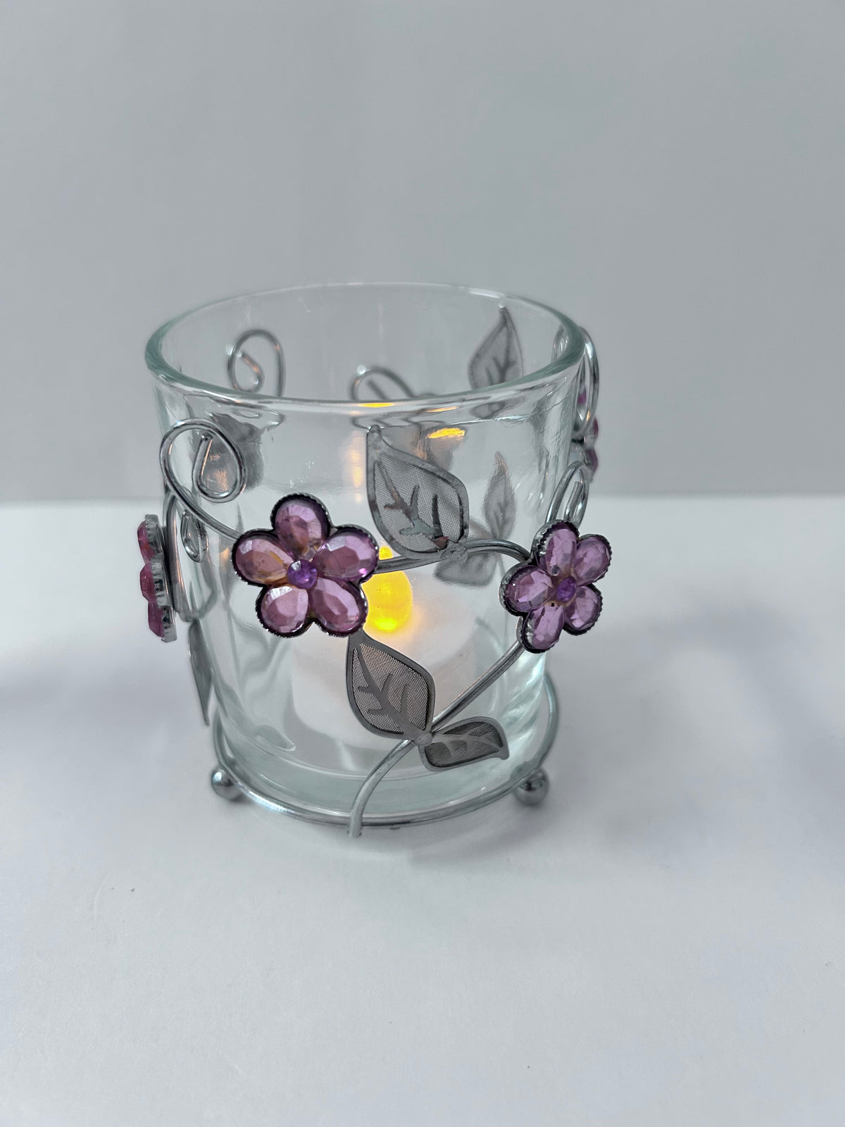 Vintage Stained Glass Candle Holder Lot (Set of 4) - Pink Flower with Blue Butterfly, Angel, Fairy Garden & Jeweled Votive Cup