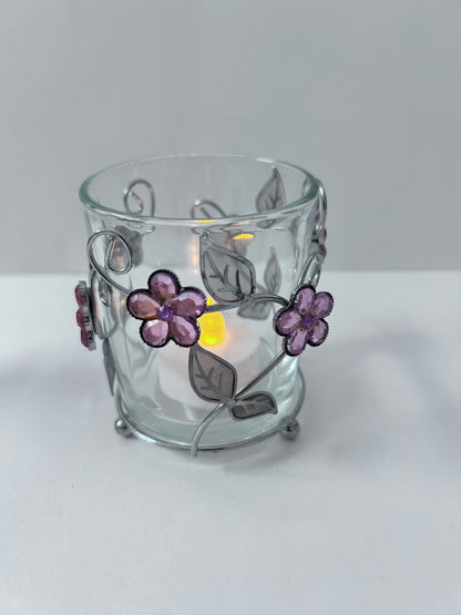 Vintage Stained Glass Candle Holder Lot (Set of 4) - Pink Flower with Blue Butterfly, Angel, Fairy Garden & Jeweled Votive Cup