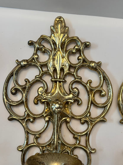 Pair of Vintage Mid Century Filigree Brass/Brass Plated Wall Sconces Candle Holders, French Rococo Style
