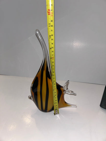 Magnificent Mid-Century Modern Amber & Black Striped Hand Blown Art Glass Angelfish 
Sculpture - Murano Style