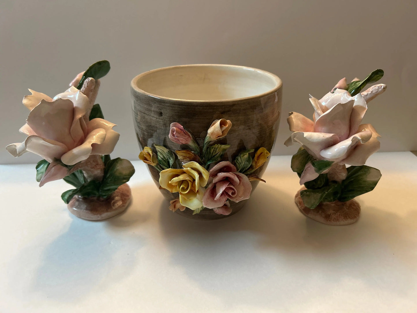 Capodimonte Signed Rosebud Trio Candle Holders/Vintage Vase 