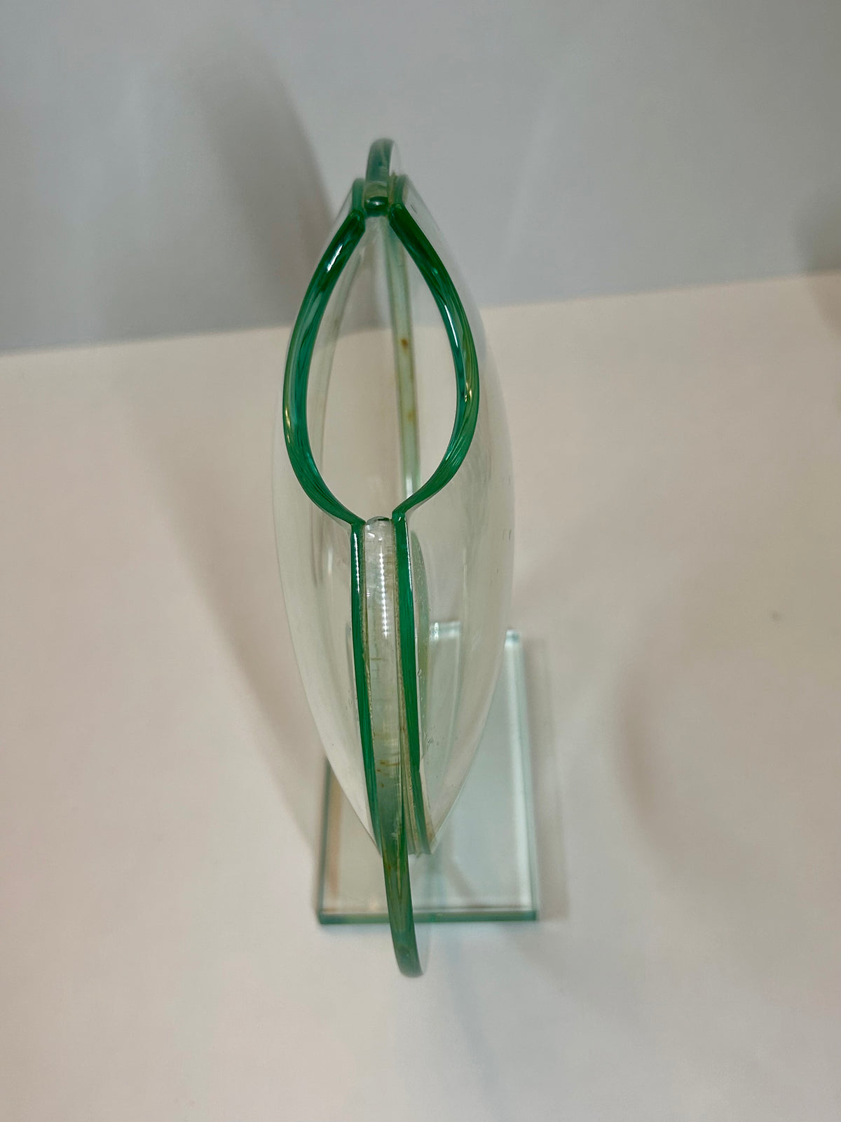 Unique Vintage Sculptural Green-Tint Art Glass "Floating Orbit" Vase (8.25”)Modernist Art Piece