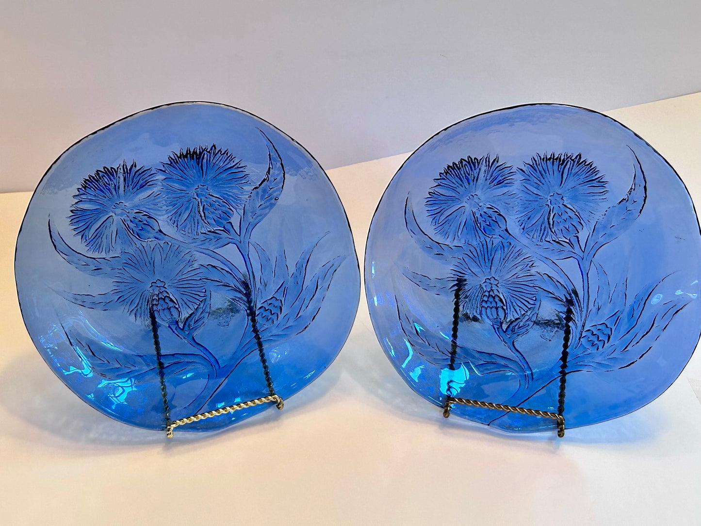 Pair of Hand Crafted Art Glass Cobalt Thistle Motif Plates/- Signed "TD" (8.5”)