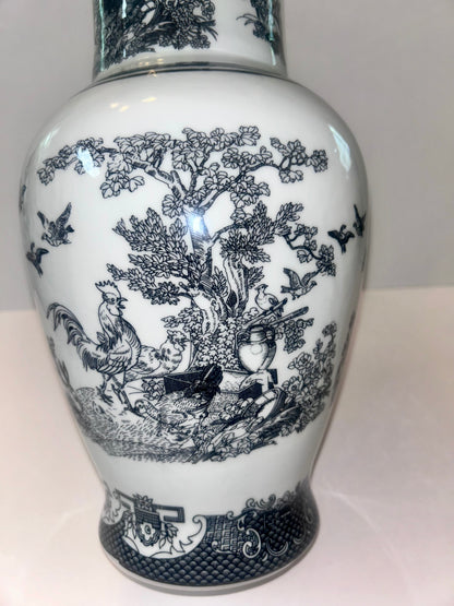 Vintage Black and White Porcelain Chinoiserie Vase - Rooster, Hen, & Rabbit Motif (14”)