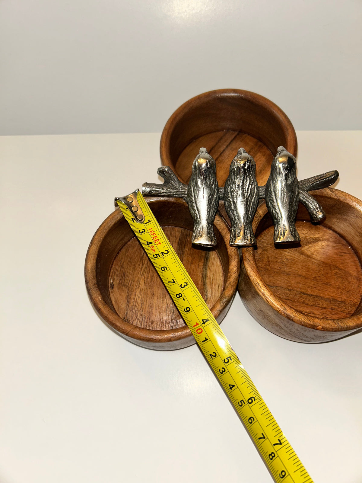 Charming Handcrafted Wooden Condiment Snack Bowls with Pewter Bird Accents