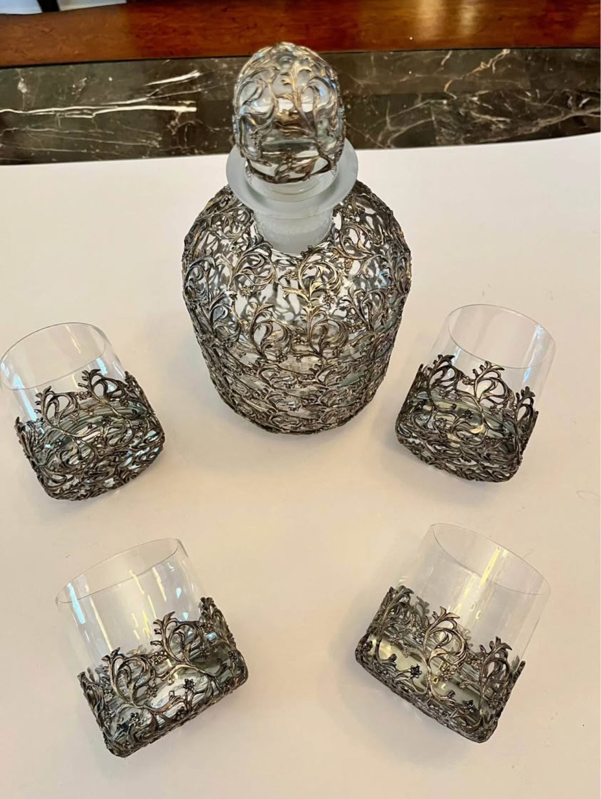 Ornate Silver-Plated Decanter Set with Matching Glasses + Bonus Mid-Century French Basket