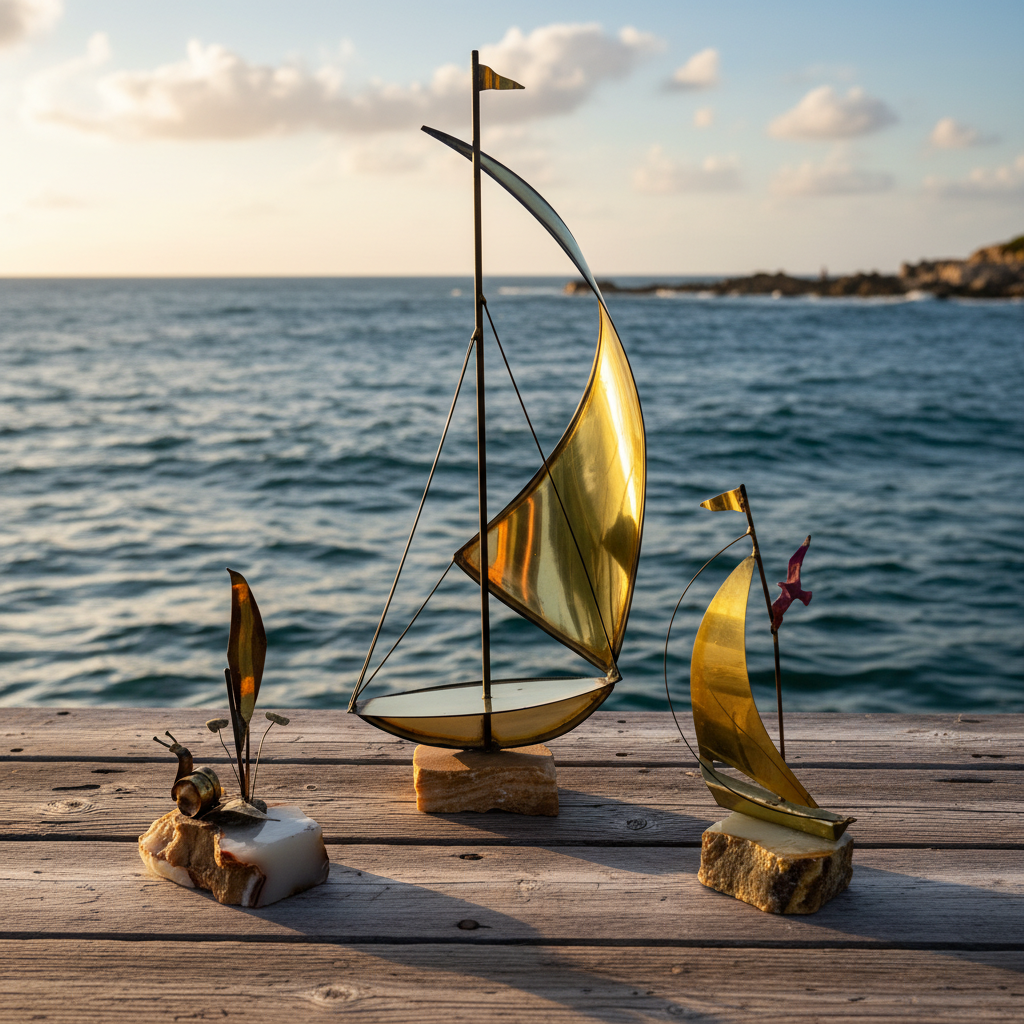 Vintage Mid-Century Modern Brass & Onyx Nautical Sculpture Set of 3