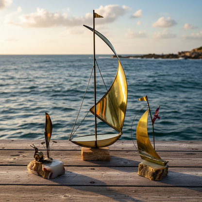 Vintage Mid-Century Modern Brass & Onyx Nautical Sculpture Set of 3
