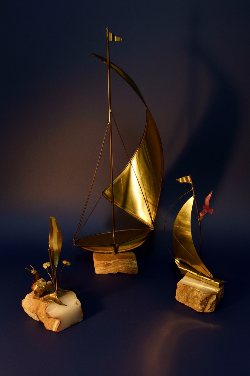 Vintage Mid-Century Modern Brass & Onyx Nautical Sculpture Set of 3