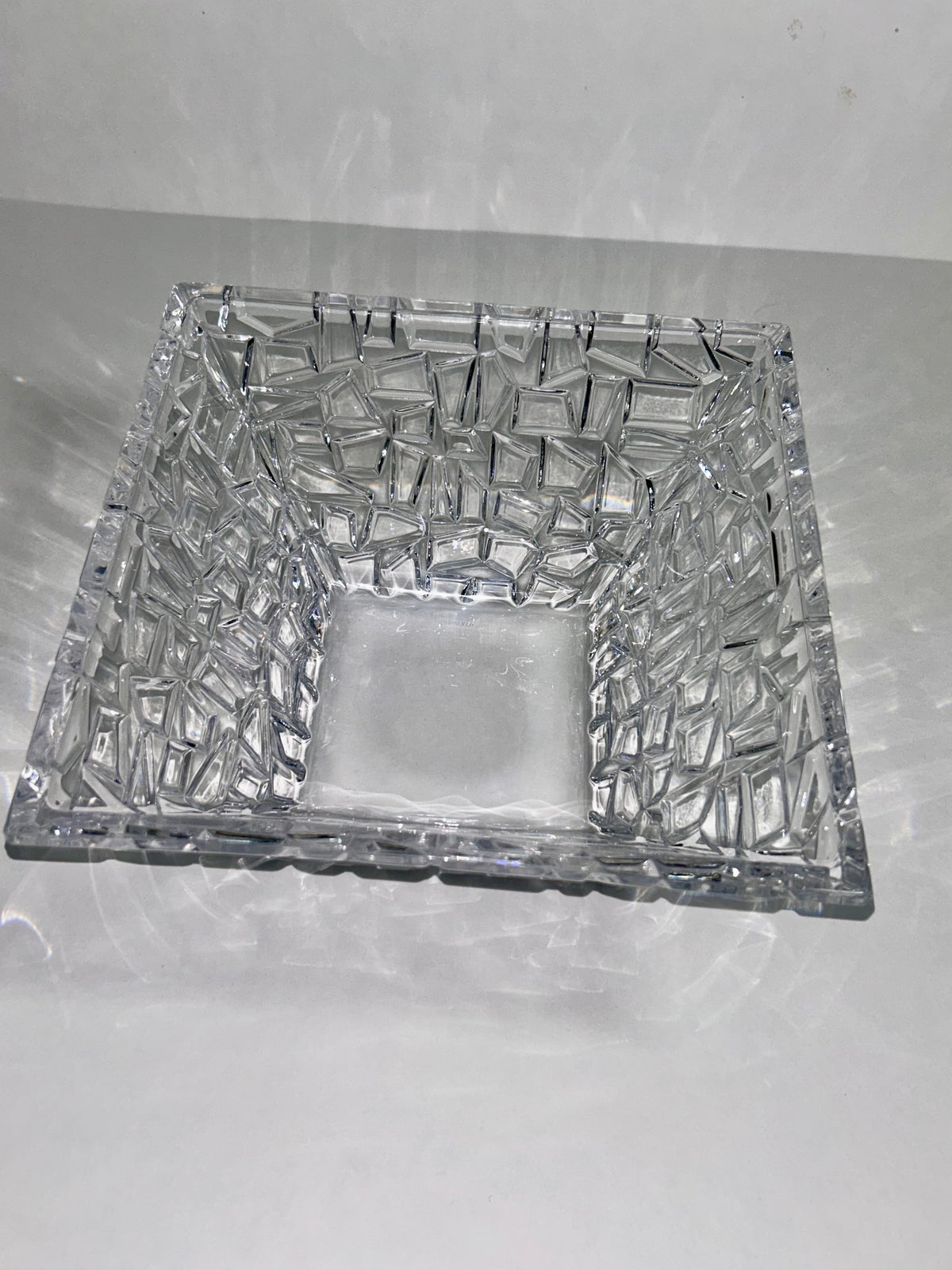 Signed Tiffany & Co. 9" Mosaic / Rock Cut Crystal Square Bowl Centerpiece