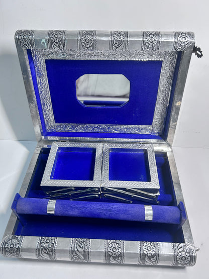 Vintage 4-Piece Handcrafted Embossed Silver Vanity & Jewelry Box Set w/ Coasters