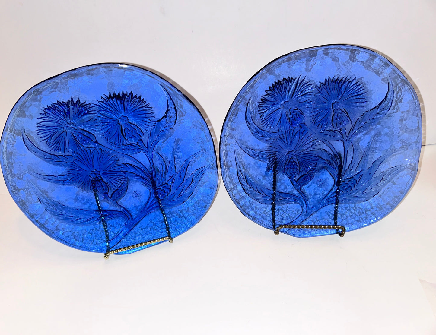 Pair of Hand Crafted Art Glass Cobalt Thistle Motif Plates/- Signed "TD" (8.5”)