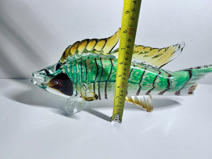 Vintage Hand-Blown Art Glass Fish Sculpture - Green & Amber -Large (13" × 8")
