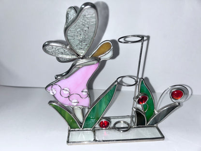 Vintage Stained Glass Candle Holder Lot (Set of 4) - Pink Flower with Blue Butterfly, Angel, Fairy Garden & Jeweled Votive Cup