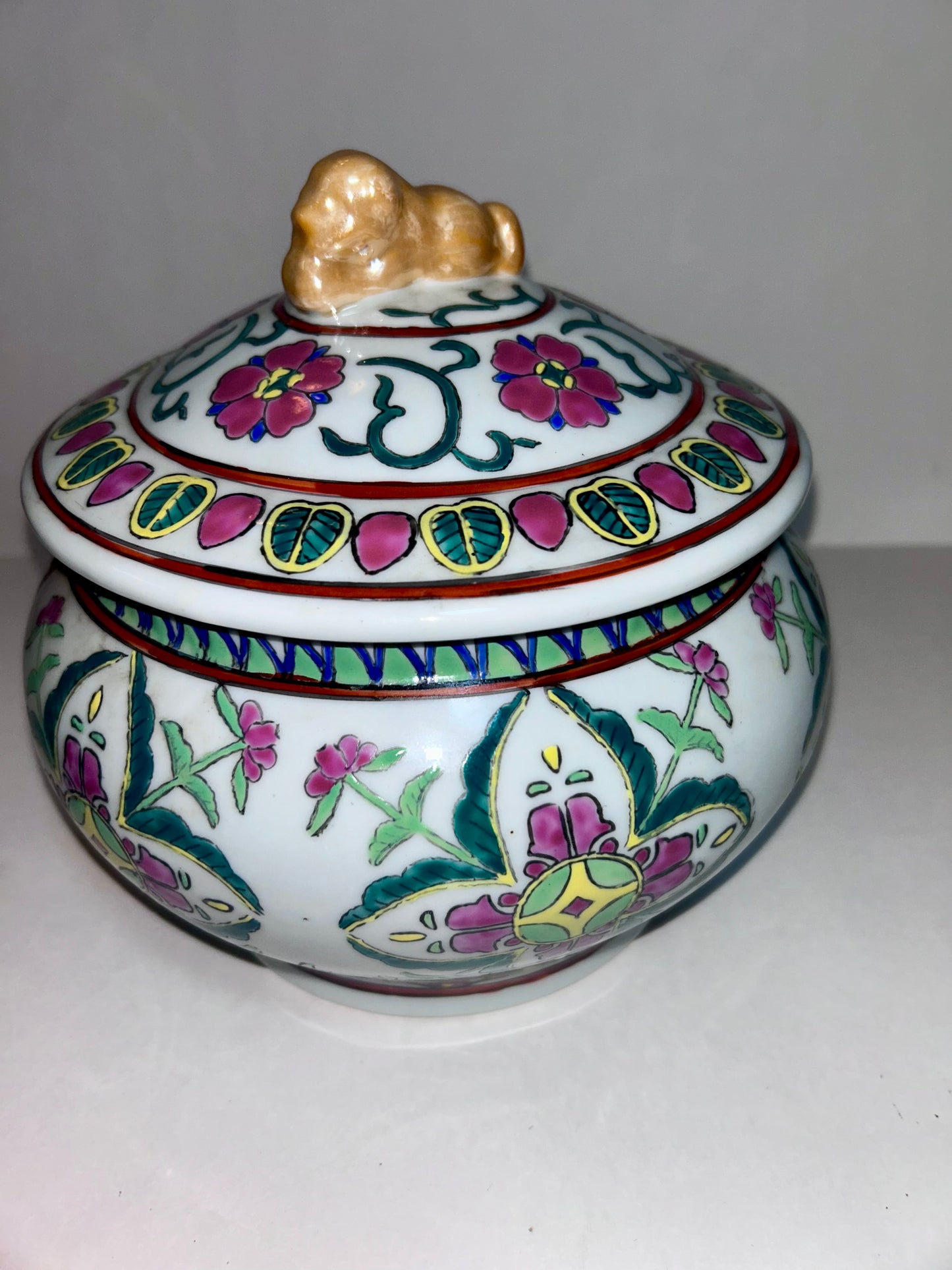 Antique Chinese Famille Rose (8”)Porcelain Covered Bowl with Foo Dog Finial