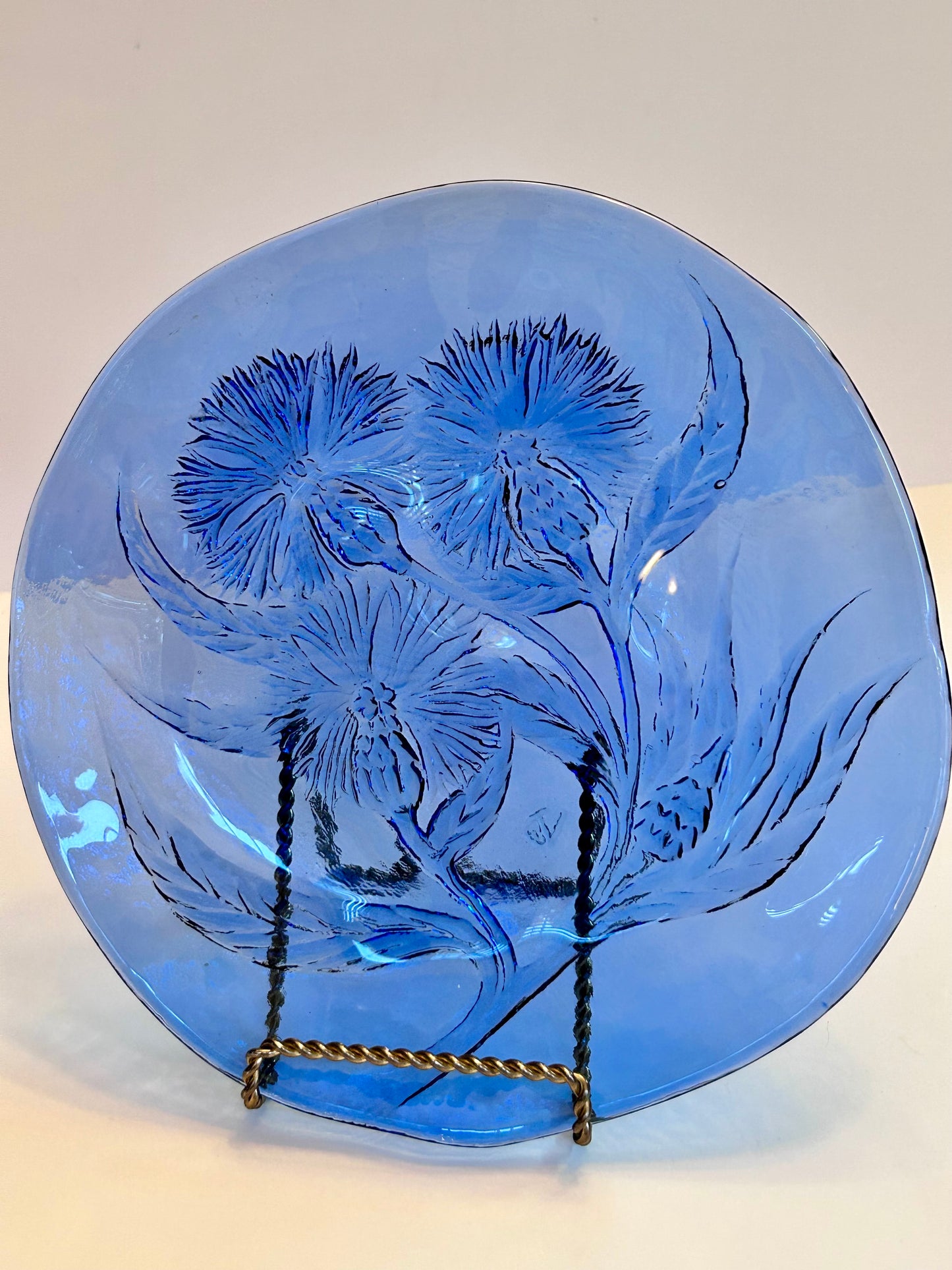 Pair of Hand Crafted Art Glass Cobalt Thistle Motif Plates/- Signed "TD" (8.5”)