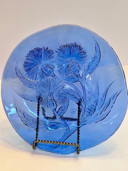 Pair of Hand Crafted Art Glass Cobalt Thistle Motif Plates/- Signed "TD" (8.5”)