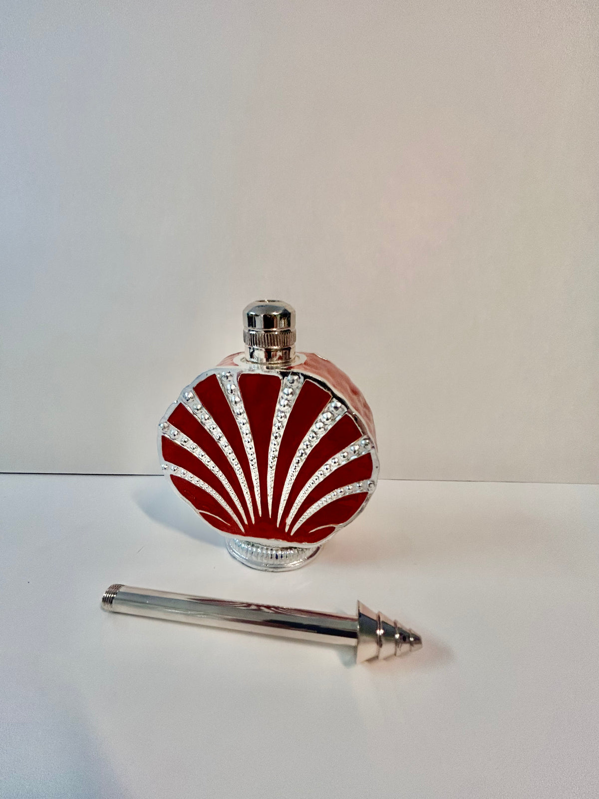 Vintage 3-Piece Red Enamel & Silver-Tone Shell Vanity Set - Perfume Sprinkler, Powder Jar & Dabber Bottle