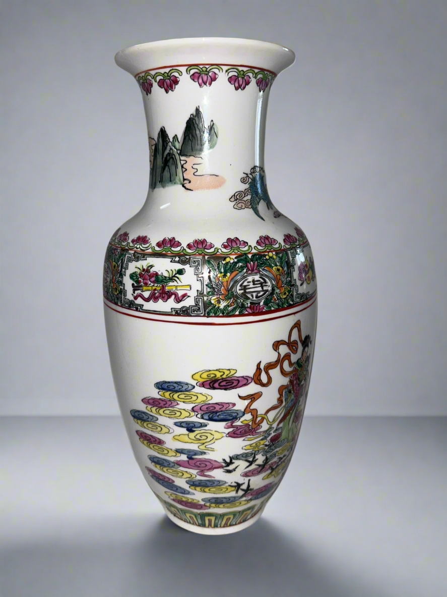 Mid Century Hand-Painted White Chinese/Macau Signed Porcelain Famille Rose Style Vase - Figurative