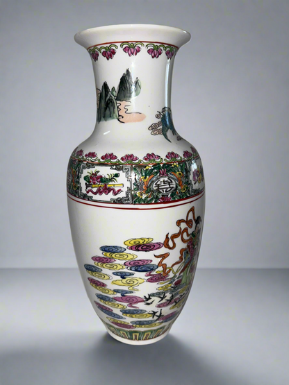Mid Century Hand-Painted White Chinese/Macau Signed Porcelain Famille Rose Style Vase - Figurative