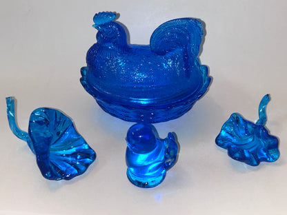 Vintage Hand Blown Glass Art Rooster on Nest Dish and Figurine Set