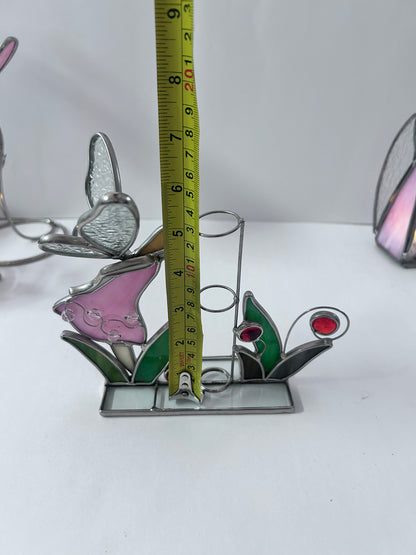 Vintage Stained Glass Candle Holder Lot (Set of 4) - Pink Flower with Blue Butterfly, Angel, Fairy Garden & Jeweled Votive Cup