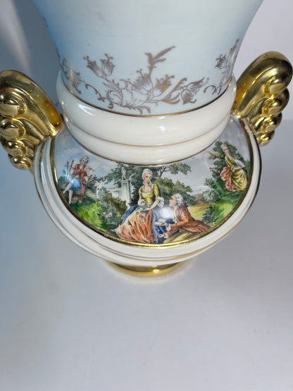 Vintage Abingdon Pottery USA Gold & Powder Blue Urn Vase - Fragonard Courting Couple
(#563)