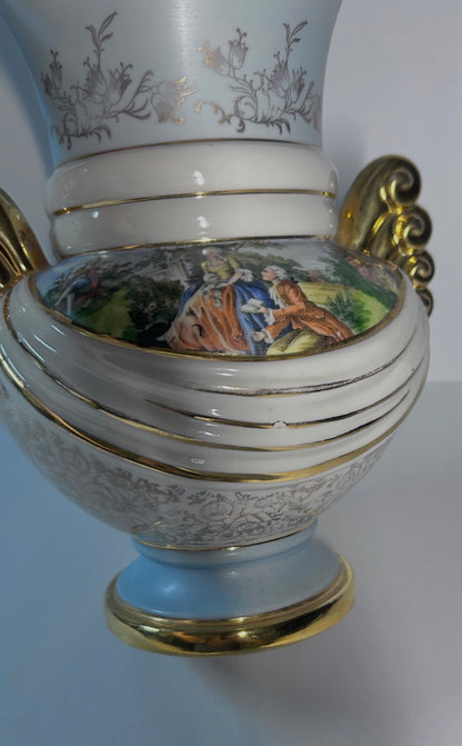 Vintage Abingdon Pottery USA Gold & Powder Blue Urn Vase - Fragonard Courting Couple
(#563)