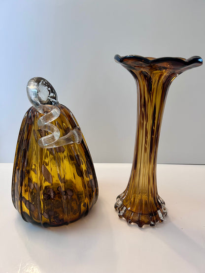 Stunning Mid-Century Modern Art Glass Hand Blown Set |Ruffled Flute Vase & Ribbed Pumpkin